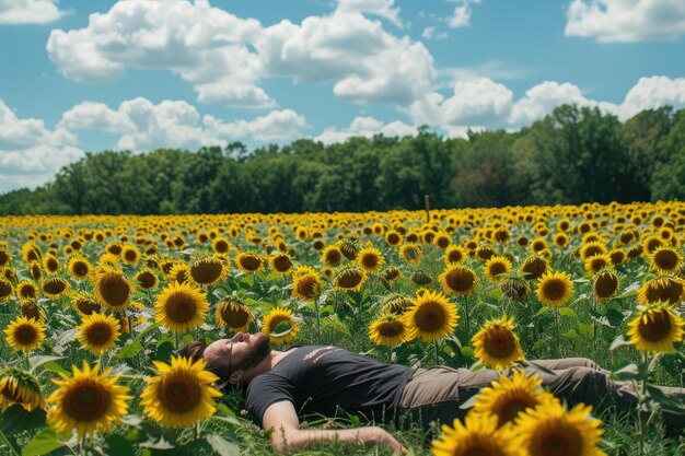 Je me détends dans un chaud champ de tournesols.