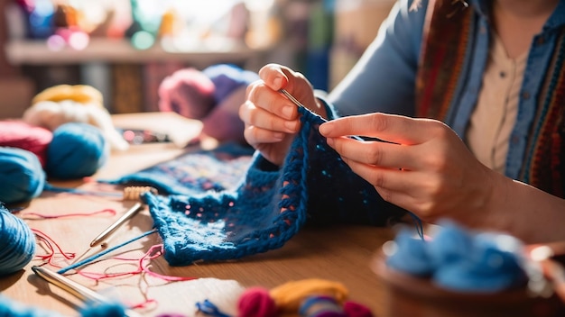 Je tricote des fils bleus sur la table.