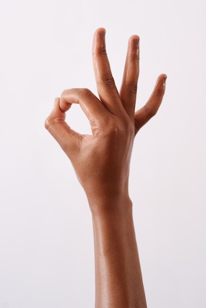 Je vais bien Prise de vue en studio d'une femme méconnaissable faisant un geste correct sur un fond blanc