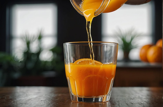 Je verse du jus d'orange dans un verre.