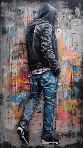 Jean skinny Moody Dusk dans un collage d'art de rue en détresse AI générative