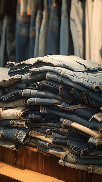 Jeans en denim soigneusement disposés sur une table en bois magasin de vêtements papier peint mobile vertical