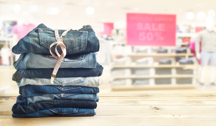Jeans avec mesure en magasin sur une étagère en bois et fond blanc