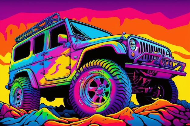 Jeep aux couleurs vives avec des pneus brillants sur un terrain rocheux contre un ciel coucher de soleil ai générative