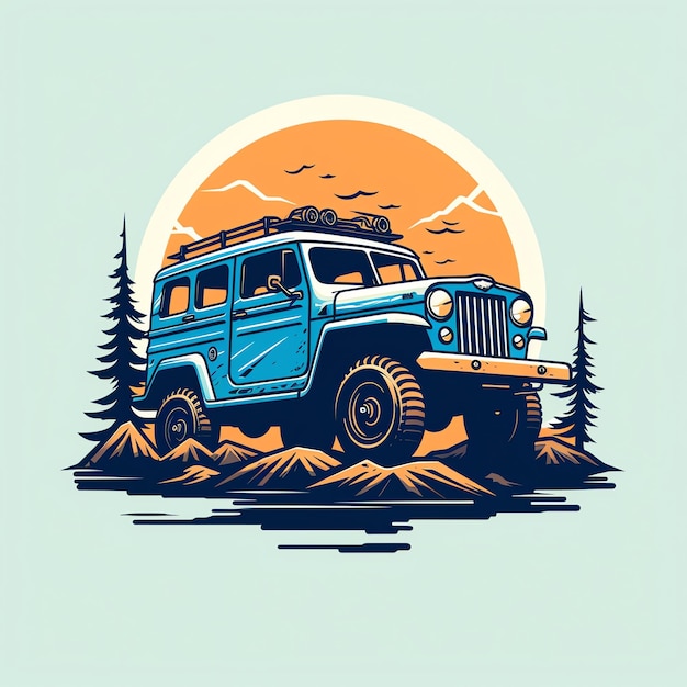 une jeep bleue sur une colline avec des arbres et du soleil