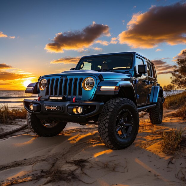 Photo une jeep bleue se tient sur la plage.