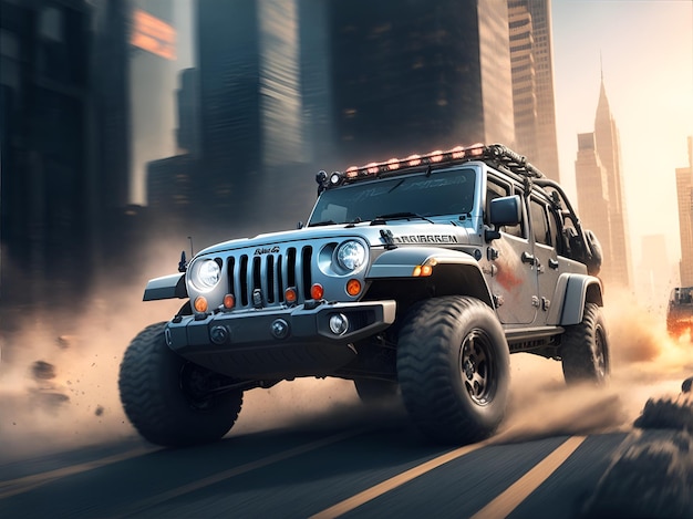 une jeep de combat effrayée à new york futuriste