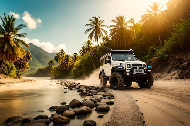 Jeep conduisant sur une plage avec des palmiers en arrière-plan