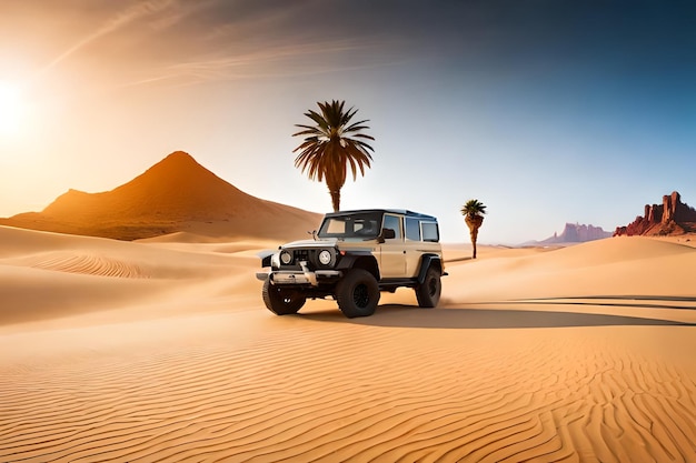 Jeep dans le désert avec des palmiers en arrière-plan