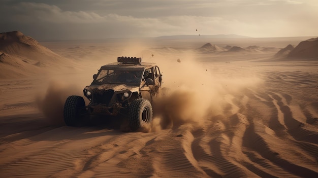 Une jeep dans le désert avec de la poussière volant dans l'air