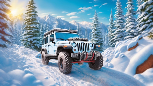 Une jeep dans la neige