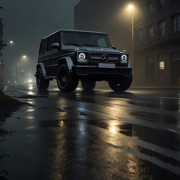 Photo une jeep est dans la rue sous la pluie