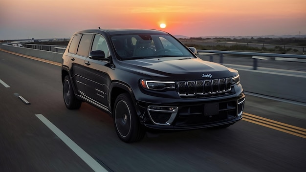 Une jeep de luxe noire sur l'autoroute.