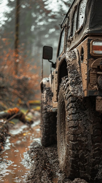 Une jeep navigue dans la boue dans les bois.