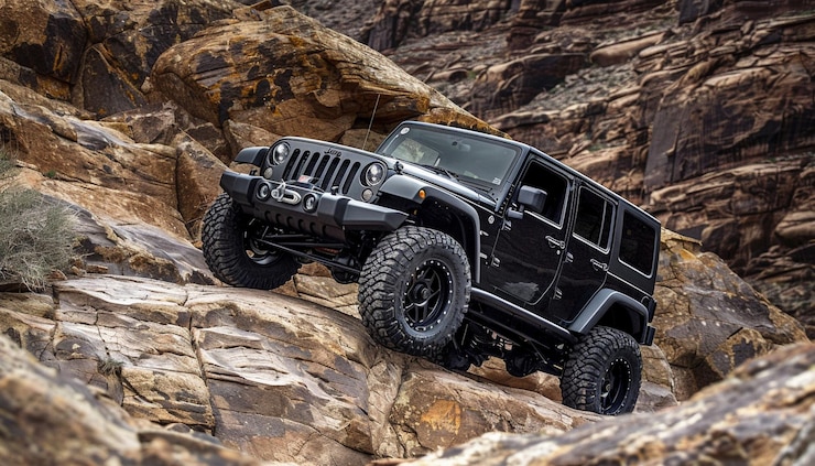 Photo une jeep noire grimpe sur une roche.