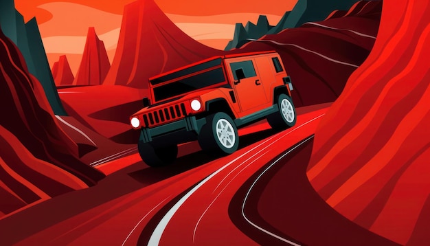 Photo une jeep orange roule sur une route de montagne rouge.