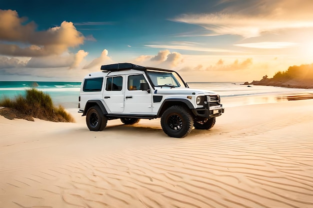 Jeep sur une plage avec un coucher de soleil en arrière-plan