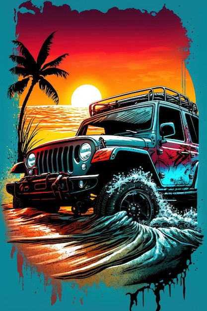 Une jeep sur une plage avec un coucher de soleil en arrière-plan.