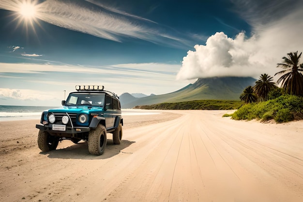 Une jeep sur une plage avec des montagnes en arrière-plan