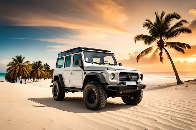 Jeep sur une plage avec des palmiers en arrière-plan