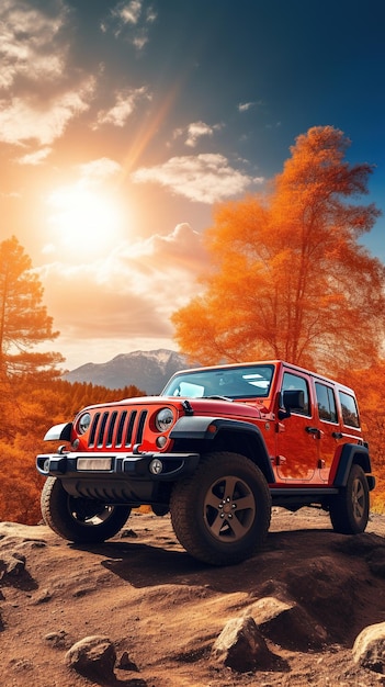 Une jeep rouge garée sous un coucher de soleil d'automne