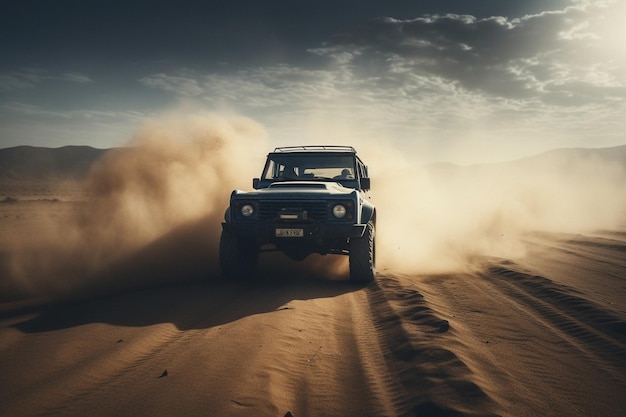 Une jeep roulant sur une route du désert avec de la poussière qui vole.