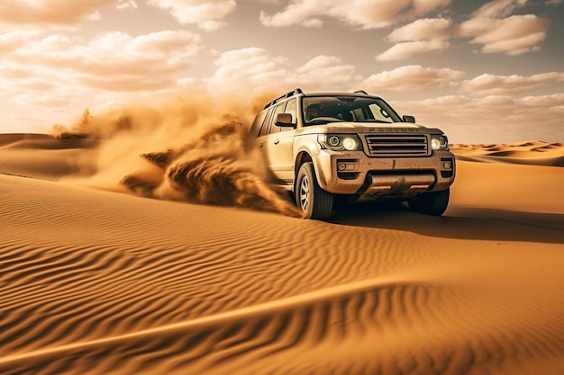 Photo une jeep roule dans le sable du désert.