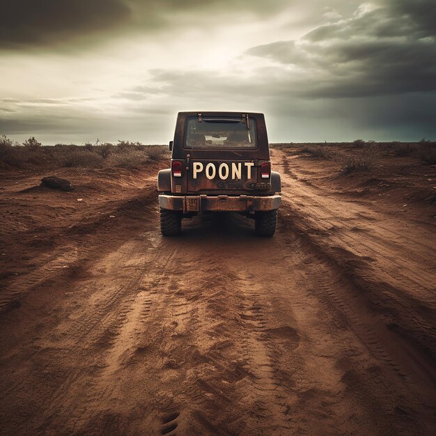 Photo une jeep sur une route de terre avec le mot point sur le devant