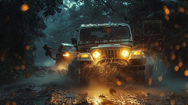 Une jeep s'écrase dans la jungle.