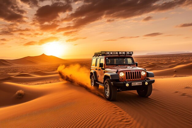 Une jeep traversant le désert au coucher du soleil.