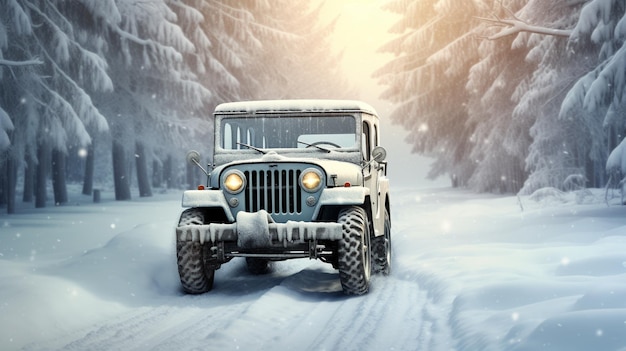 Une jeep traversant une forêt enneigée.