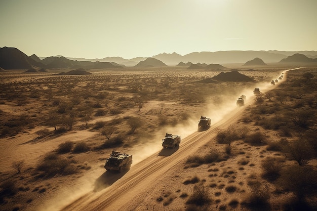 Jeeps conduisant à travers le désert avec le coucher du soleil