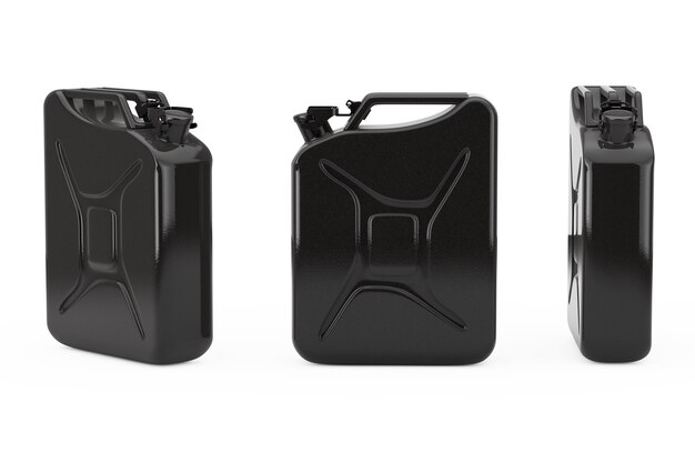 Jerrycan en métal noir avec espace libre pour votre conception sur fond blanc. Rendu 3D