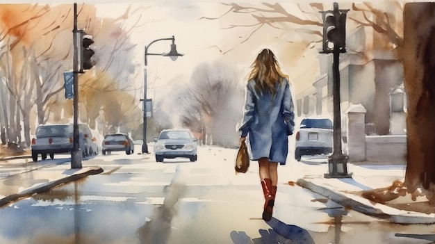 Photo jessica marchant sur le trottoir à l'aquarelle