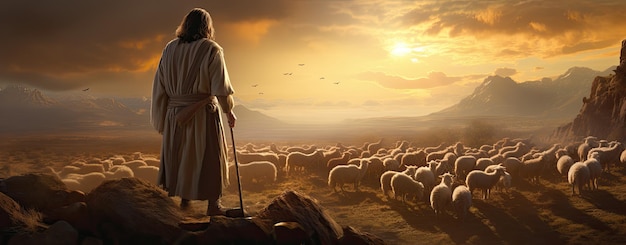 Jésus berger avec un troupeau de moutons