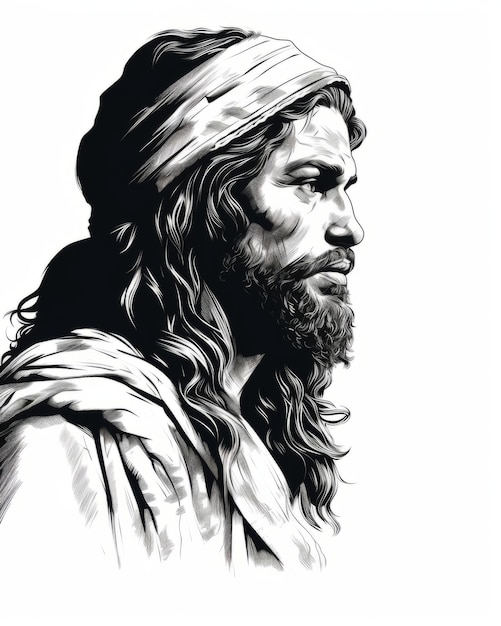 Jésus avec les cheveux longs et un turban en noir et blanc