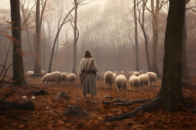 Jésus-Christ le bon berger et les brebis dans le bosquet