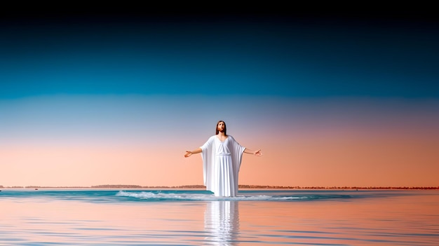 Jésus-Christ calme la tempête sur la mer le soir.