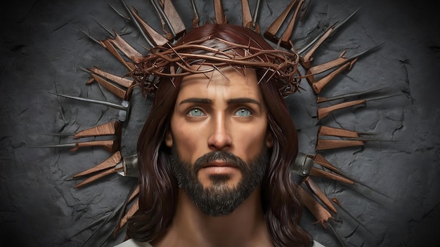 Jésus-Christ couronne d'épines clous et marteau rendu en 3D