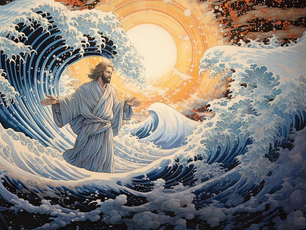 Jésus-Christ créatif et la grande vague marche sur l'eau, peinture de style artistique japonais