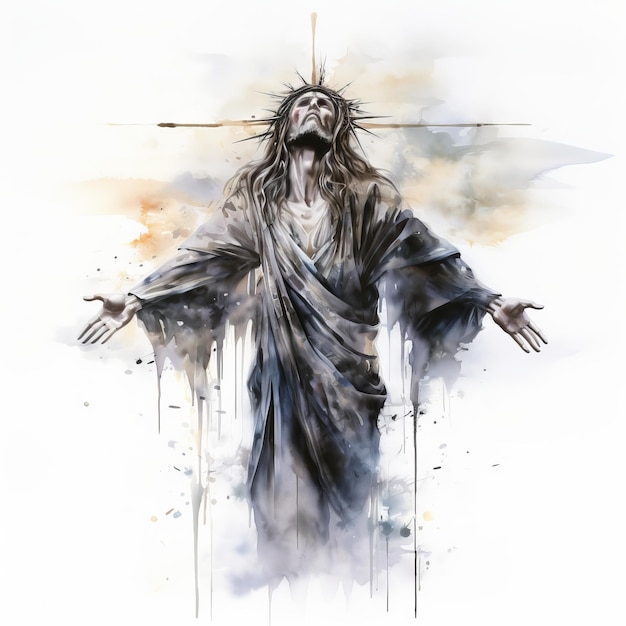 Jésus-Christ avec la croix Peinture à l'aquarelle numérique sur fond blanc