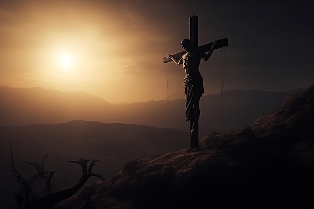 Jésus-Christ crucifié sur une croix sur le mont Golgotha est mort pour les péchés de l'humanité fils de Dieu foi biblique noël religion catholique chrétien joyeuses pâques prier vendredi saint IA générative