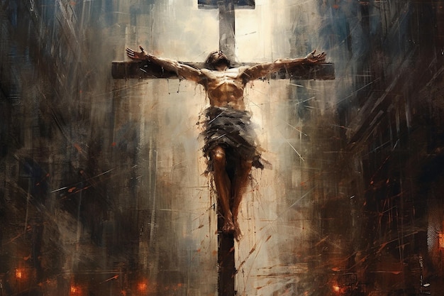 Jésus-Christ crucifié sur une croix sur le mont Golgotha est mort pour les péchés de l'humanité fils de Dieu foi biblique noël religion catholique chrétien joyeuses pâques prier vendredi saint IA générative