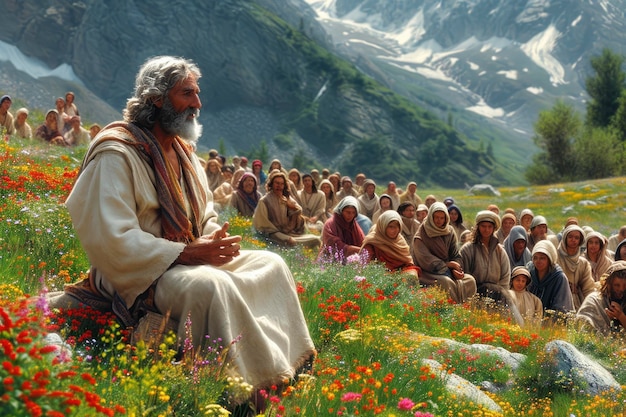 Jésus-Christ dans un champ sur une colline prêchant à la foule