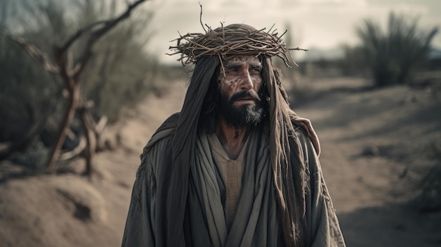 Jésus-Christ dans le désert avec une couronne d'épines générée par l'IA