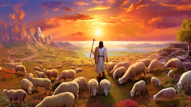 Jésus-Christ dans le présent Le berger et la porte de notre salut et de notre vie éternelle conduit son troupeau dévoué au paradis sur terre, un pays d'une beauté et d'une fertilité à couper le souffle