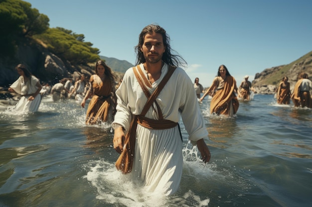 Jésus-christ dieu marche sur le miracle de l'eau