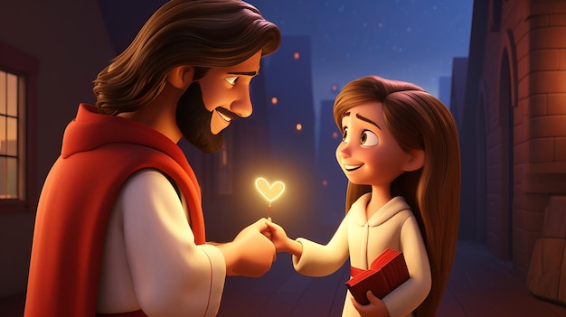 Photo jésus-christ donne un cœur rouge à une petite fille dessin animé 3d