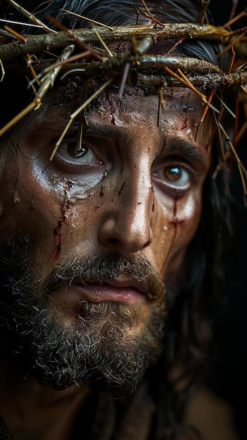 Jésus-Christ frappé et saignant avec une couronne d'épines pendant la passion