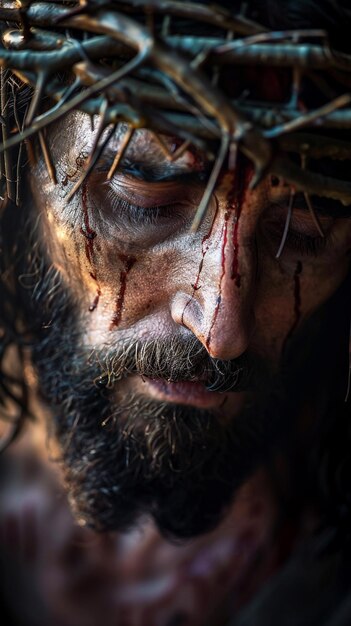 Jésus-Christ frappé et saignant avec une couronne d'épines pendant la passion